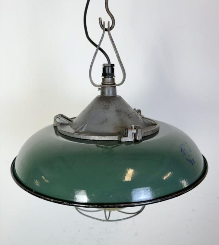 industrial green enamel factory cage pendant lamp in cast iron 1960s 1628