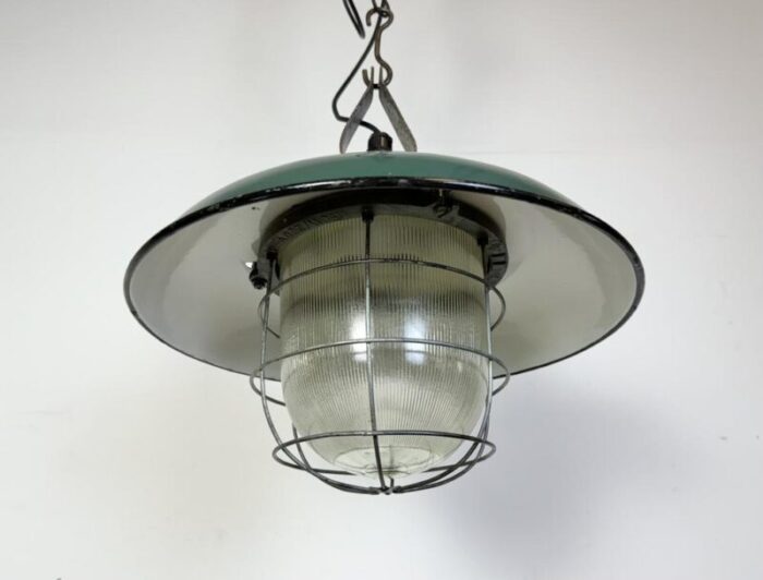 industrial green enamel factory cage pendant lamp in cast iron 1960s 3225