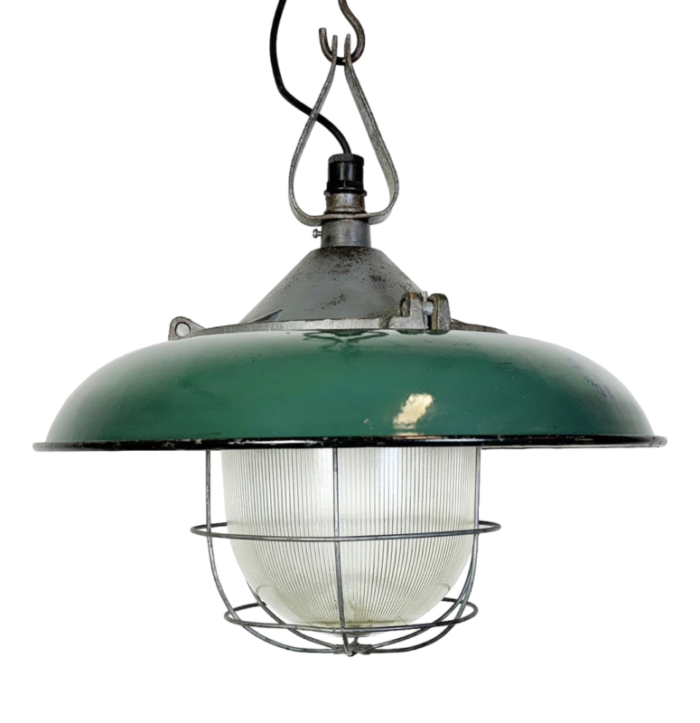 industrial green enamel factory cage pendant lamp in cast iron 1960s 3691