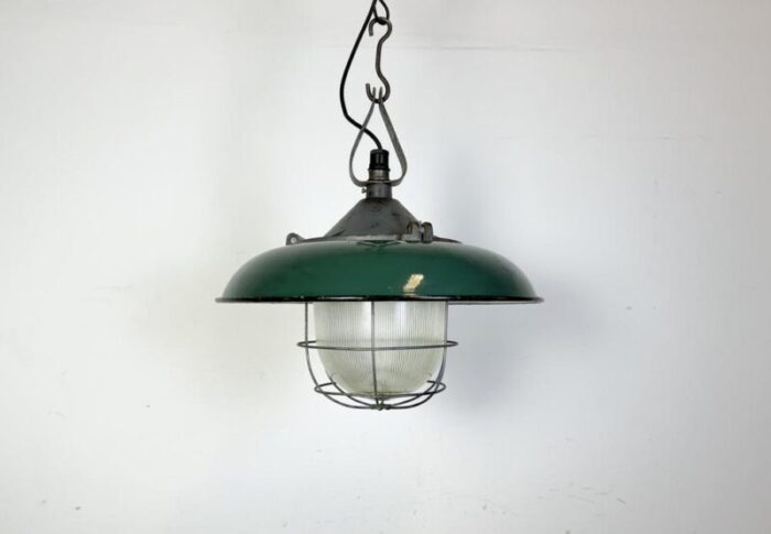 industrial green enamel factory cage pendant lamp in cast iron 1960s 4428