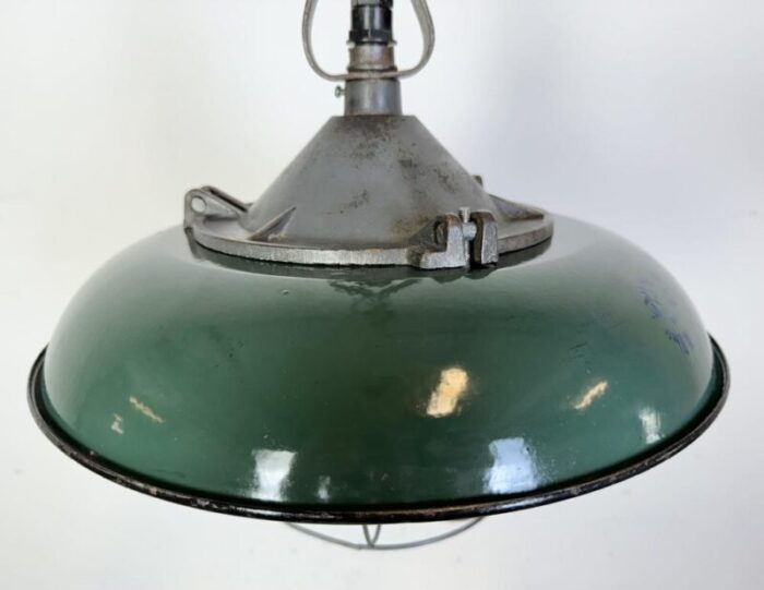 industrial green enamel factory cage pendant lamp in cast iron 1960s 6782