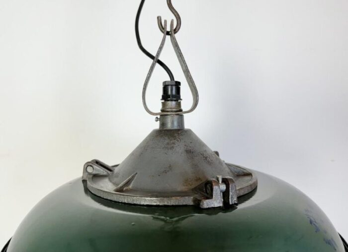 industrial green enamel factory cage pendant lamp in cast iron 1960s 7159