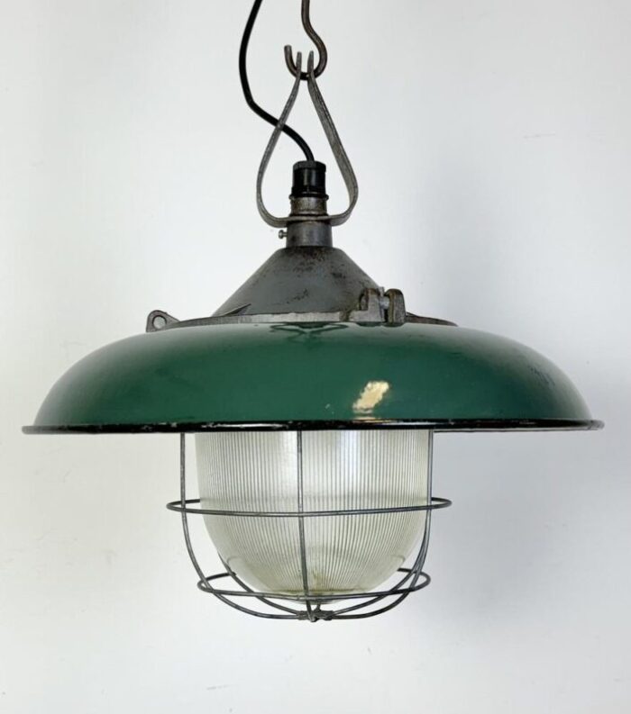 industrial green enamel factory cage pendant lamp in cast iron 1960s 8375