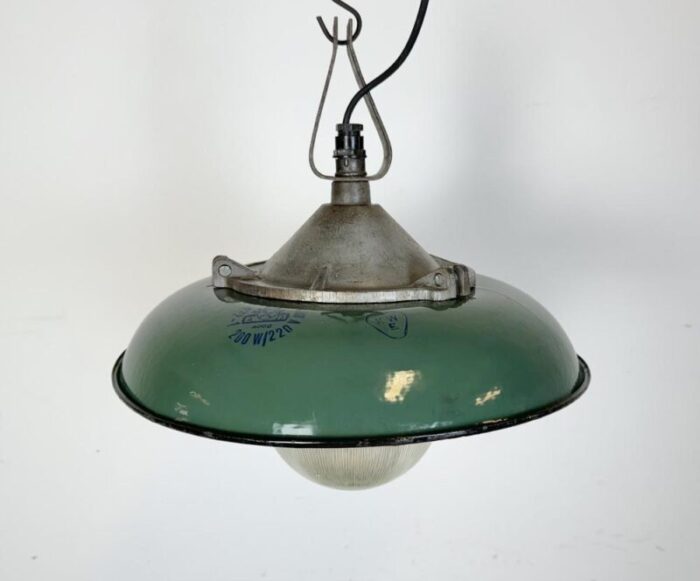 industrial green enamel factory pendant lamp in cast iron 1960s 4340