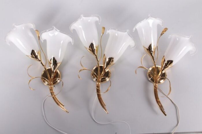 italian 24 kt gold plated tulip glass wall lamps 1970 set of 3 1