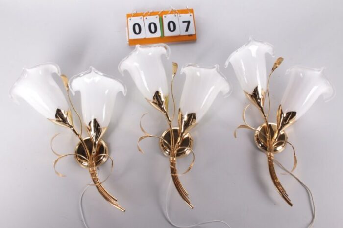 italian 24 kt gold plated tulip glass wall lamps 1970 set of 3 13