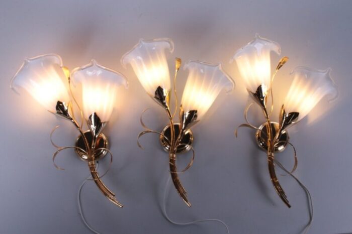 italian 24 kt gold plated tulip glass wall lamps 1970 set of 3 5