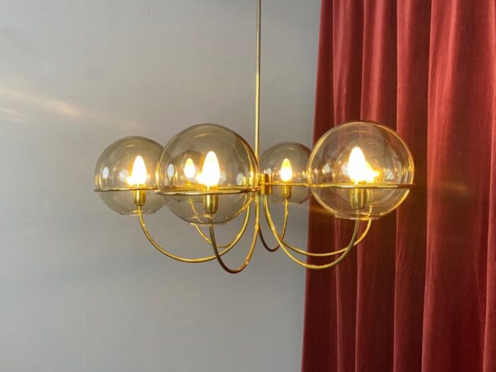 italian brass ceiling light with 6 smoked glass globes 1960s 2