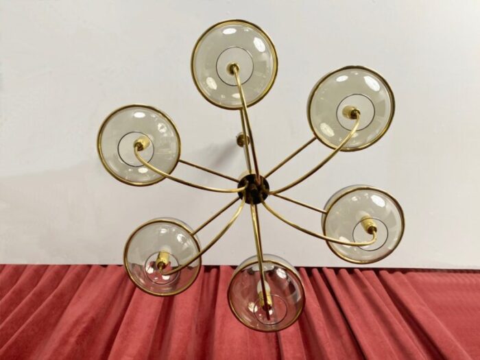 italian brass ceiling light with 6 smoked glass globes 1960s 4