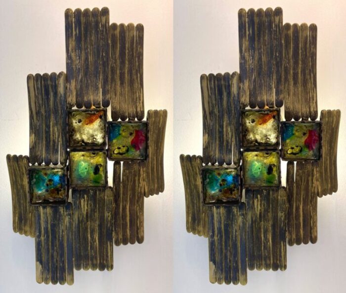 italian brutalist gilt metal and glass sconces 1970s set of 2 1