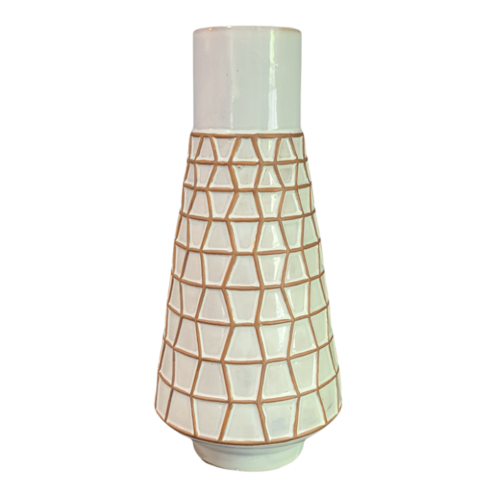 italian mid century modern white and tan glazed terra cotta geometric pattern vase 2141