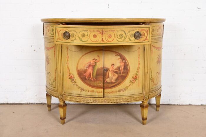 italian neoclassical hand painted demilune console or bar cabinet 0394