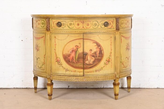 italian neoclassical hand painted demilune console or bar cabinet 0592