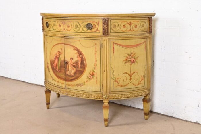 italian neoclassical hand painted demilune console or bar cabinet 2164