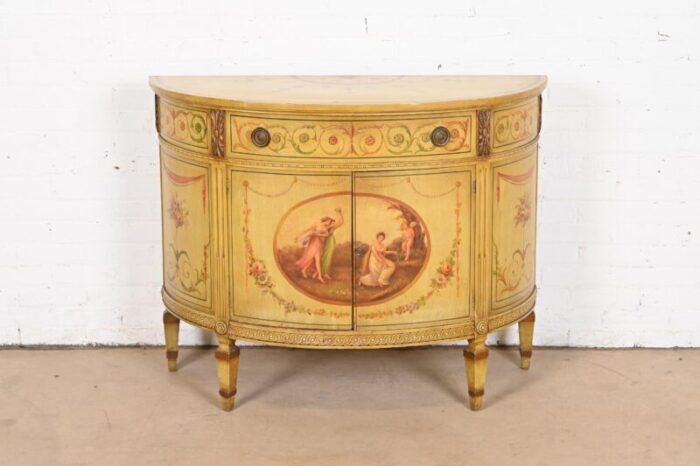 italian neoclassical hand painted demilune console or bar cabinet 5729