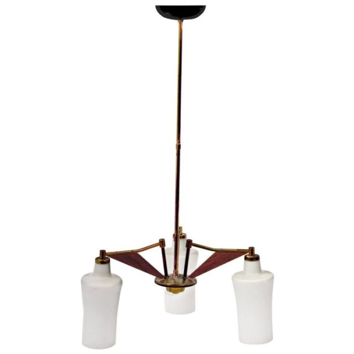 italian opaline glass brass and teak chandelier attributed to stilnovo 1960s 1 1