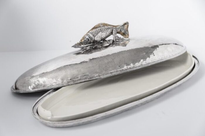 italian rare silver plated covered serving fish platter with original faience insert attributed to franco lapini 0510