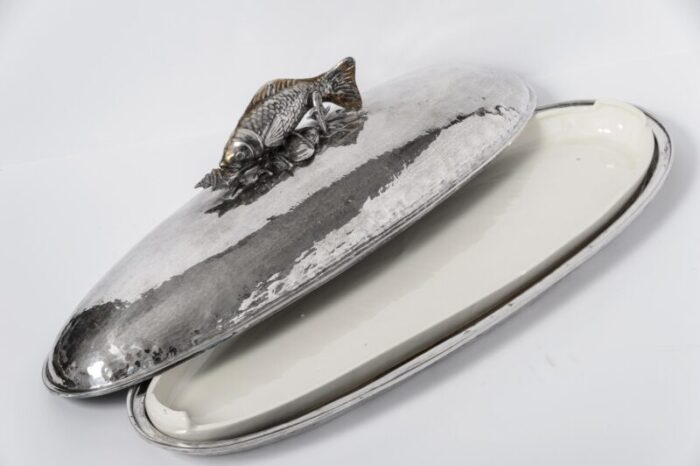 italian rare silver plated covered serving fish platter with original faience insert attributed to franco lapini 0668