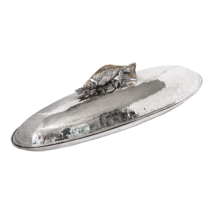 italian rare silver plated covered serving fish platter with original faience insert attributed to franco lapini 2277