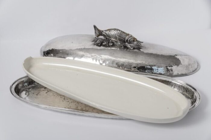 italian rare silver plated covered serving fish platter with original faience insert attributed to franco lapini 3366