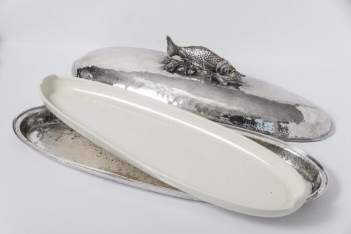 italian rare silver plated covered serving fish platter with original faience insert attributed to franco lapini 6336