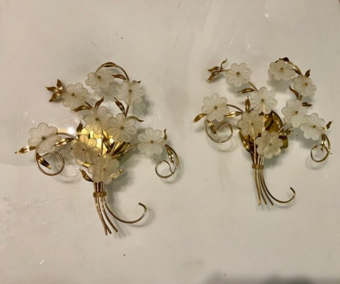 italian satinated glass flower wall lights set of 2 1