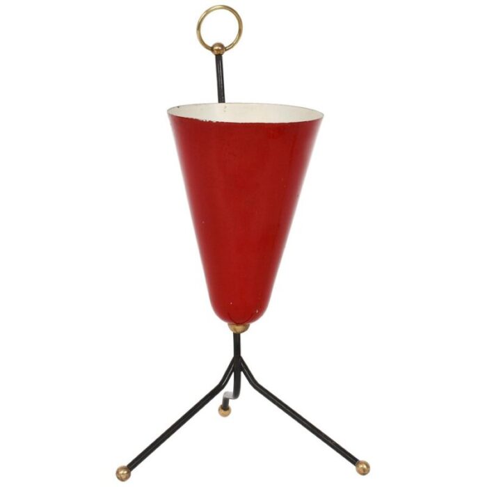 italian tripod conical red lacquered metal and brass table lamp 1950s 1