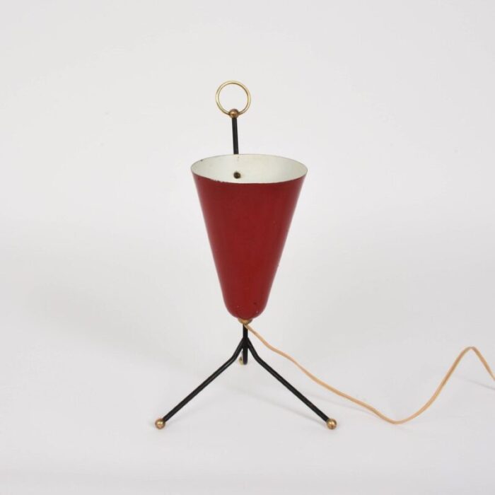 italian tripod conical red lacquered metal and brass table lamp 1950s 3