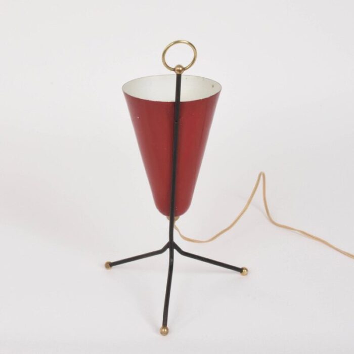 italian tripod conical red lacquered metal and brass table lamp 1950s 4