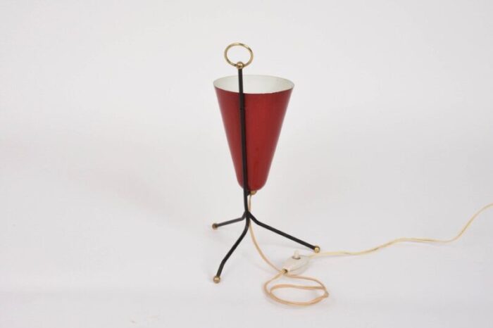 italian tripod conical red lacquered metal and brass table lamp 1950s 5