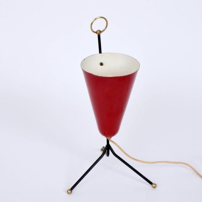 italian tripod conical red lacquered metal and brass table lamp 1950s 6