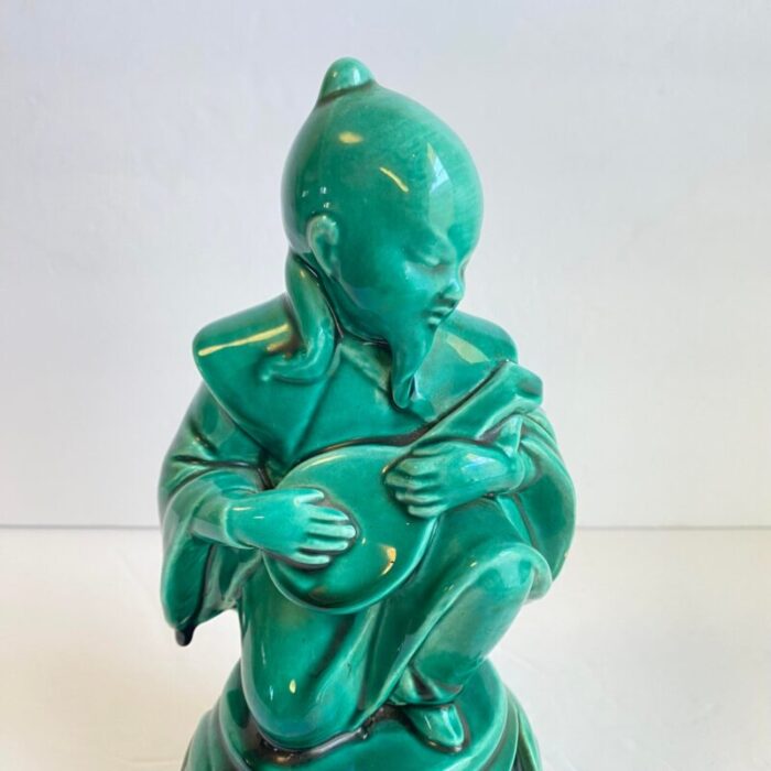 japanese figural man musician statue teal green glaze signed italy 2326