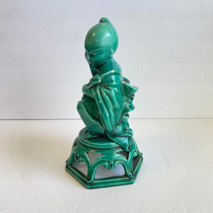 japanese figural man musician statue teal green glaze signed italy 3783