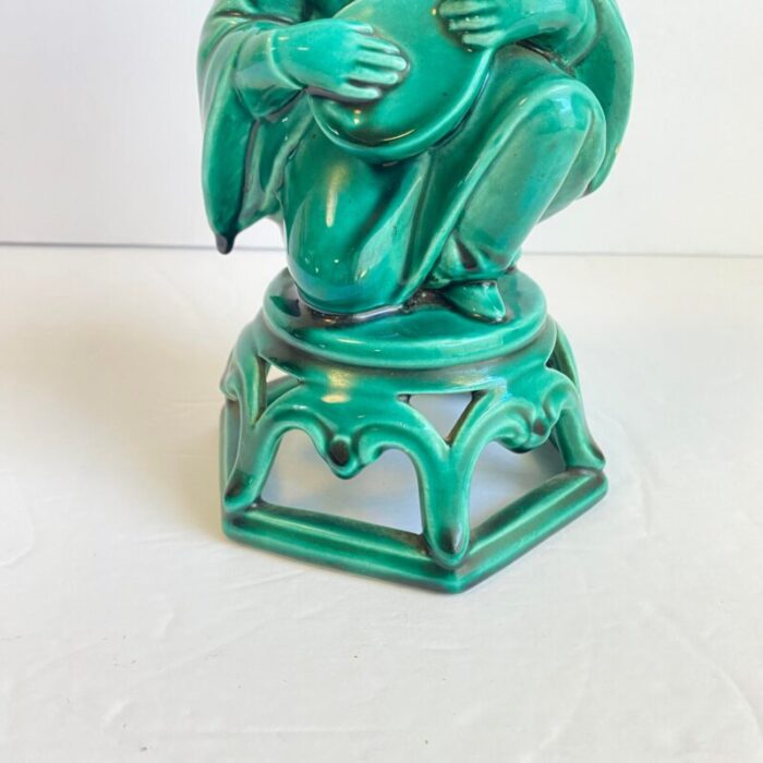 japanese figural man musician statue teal green glaze signed italy 8445