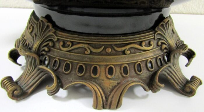 large 1940s bronze dore and black porcelain floral handled centerpiece bowl 0998