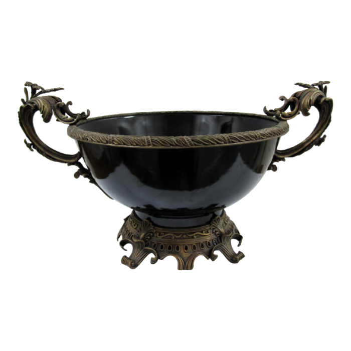 large 1940s bronze dore and black porcelain floral handled centerpiece bowl 3679