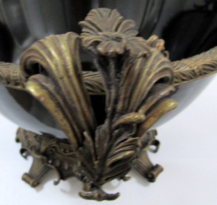 large 1940s bronze dore and black porcelain floral handled centerpiece bowl 4262