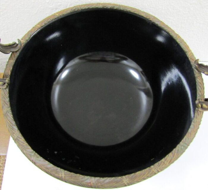 large 1940s bronze dore and black porcelain floral handled centerpiece bowl 4467