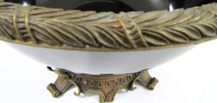 large 1940s bronze dore and black porcelain floral handled centerpiece bowl 8208