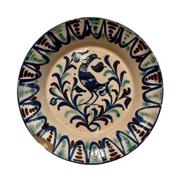 large antique spanish ceramic plate with bird by fajalauza 1409