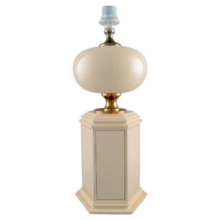 large cream lacquered metal brass table lamp from le dauphin france 1970s 1