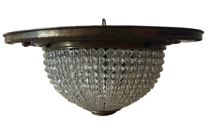 large cut crystal beaded flush mount fixture on bronzing patina brass holder circa 1920 0541