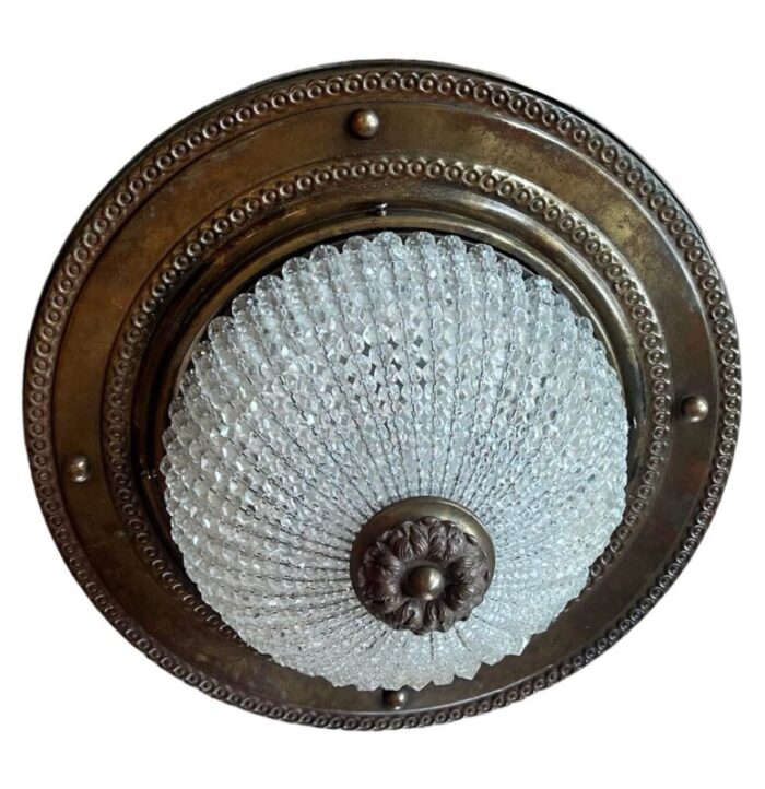 large cut crystal beaded flush mount fixture on bronzing patina brass holder circa 1920 6587