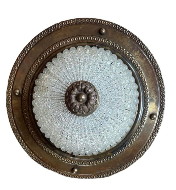 large cut crystal beaded flush mount fixture on bronzing patina brass holder circa 1920 9959