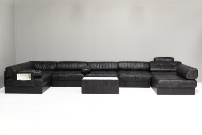 large ds 88 sectional sofa in black leather from de sede switzerland 1970s set of 30 6362