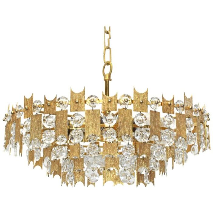 large german gilt brass and crystal glass chandelier by palwa 1960s 1