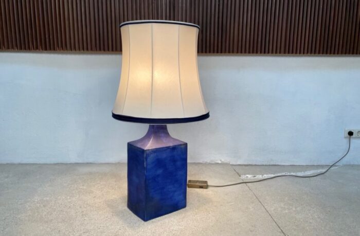 large glazed ceramic table lamp with silk lampshade 1960s 17