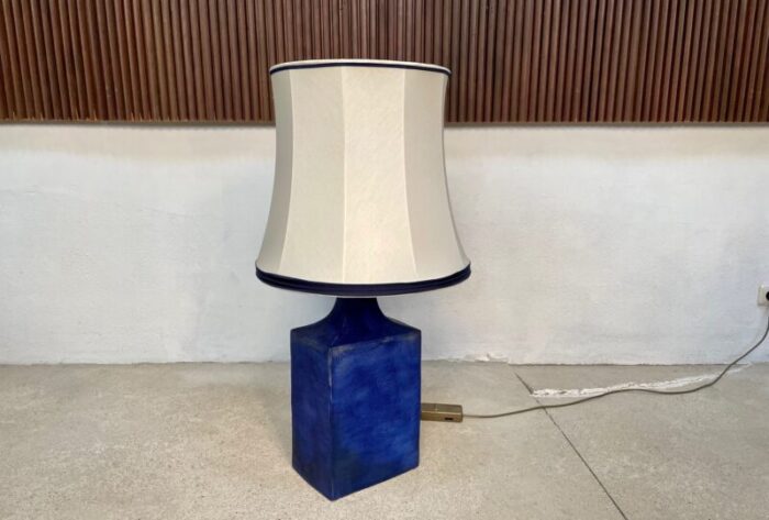 large glazed ceramic table lamp with silk lampshade 1960s 19