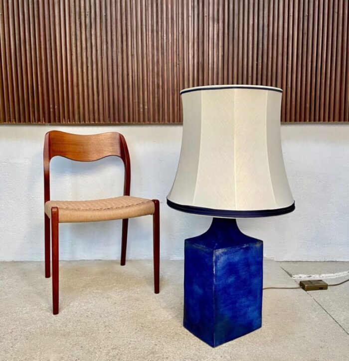 large glazed ceramic table lamp with silk lampshade 1960s 4