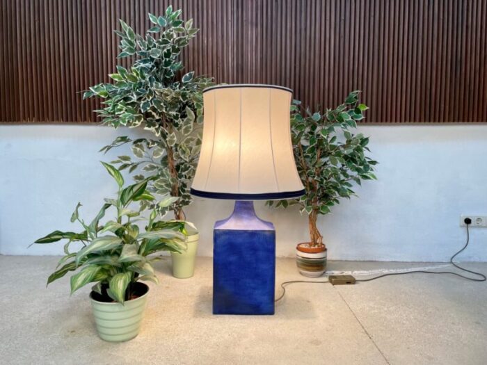 large glazed ceramic table lamp with silk lampshade 1960s 5